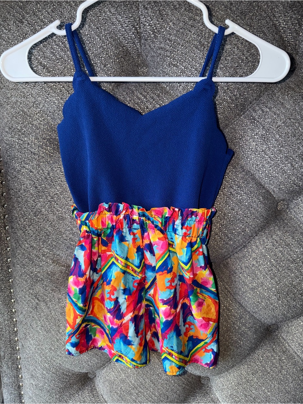 Girls Blue Tank Top with Multi-Color Printed Skirted Bottoms